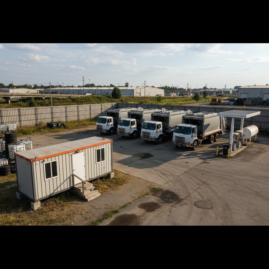 Small fleet yard with four collection trucks, portable office, and a fuel pump in afternoon light